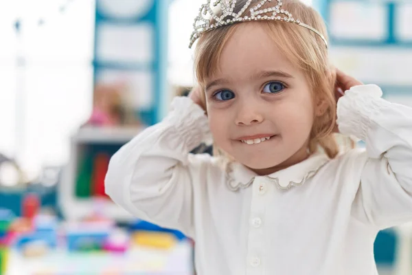 Adorable Blonde Girl Smiling Confident Wearing Princess Crown Kindergarten — Stock Photo, Image