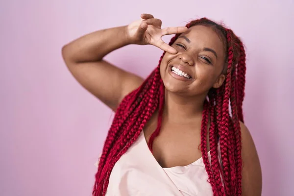 African American Woman Braided Hair Standing Pink Background Doing Peace — Stock Photo, Image