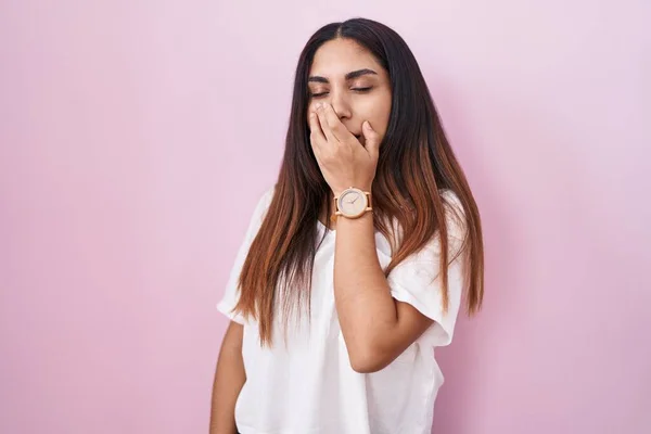 Young Arab Woman Standing Pink Background Bored Yawning Tired Covering — Stockfoto
