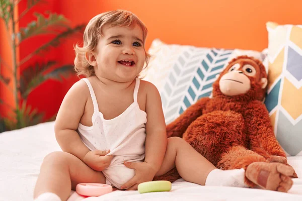 Adorable Hispanic Toddler Smiling Confident Sitting Bed Bedroom — Foto Stock