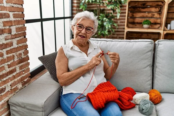 Senior Grey Haired Woman Smiling Confident Sewing Using Lane Needle — Stock Photo, Image