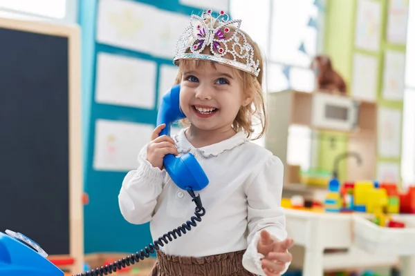 Adorable Blonde Girl Wearing Princess Crown Playing Telephone Toy Kindergarten — Stock Photo, Image
