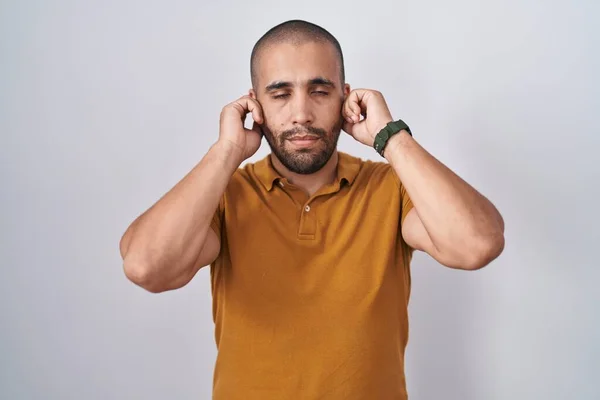 Hispanic Man Beard Standing White Background Covering Ears Fingers Annoyed — Photo