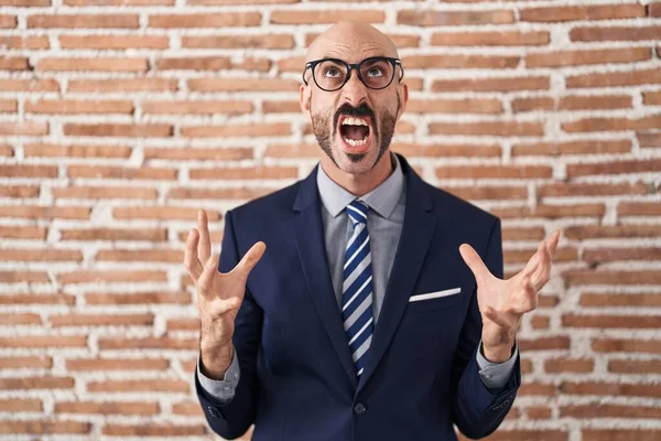 Bald Man Beard Wearing Business Clothes Glasses Crazy Mad Shouting — Stock Photo, Image