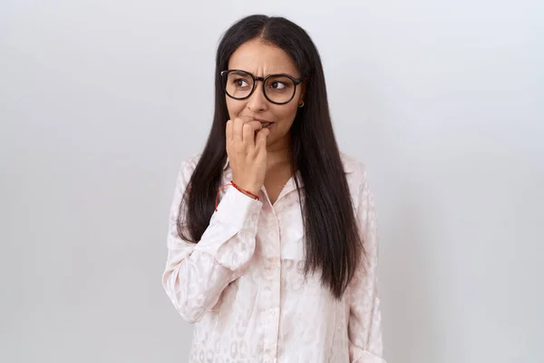 Young Arab Woman Wearing Glasses White Background Looking Stressed Nervous — Stockfoto