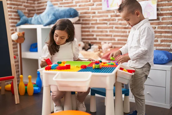 Brother Sister Playing Construction Blocks Standing Kindergarten — Stock Photo, Image