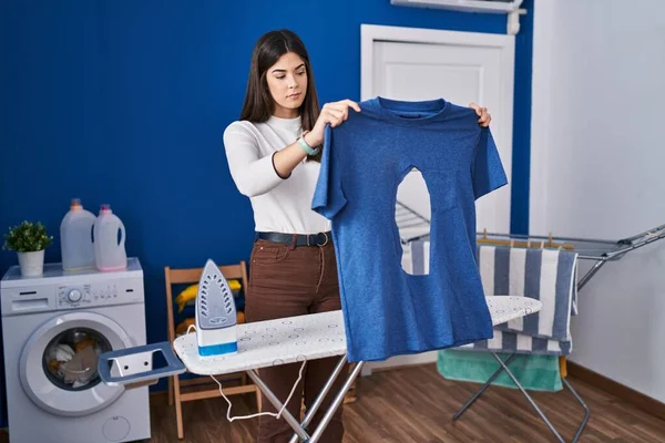 Young Brunette Woman Ironing Holding Burned Iron Shirt Laundry Room — Stock Photo, Image