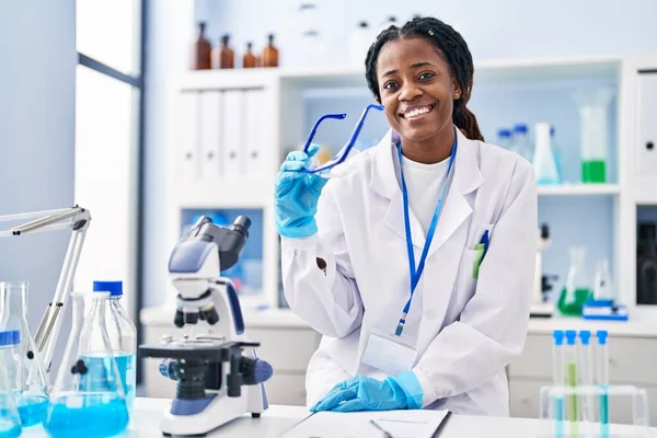 African American Woman Scientist Smiling Confident Holding Security Glasses Laboratory — Stock Photo, Image