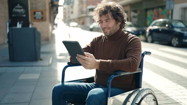 Young Hispanic Man Using Touchpad Sitting Wheelchair Street — Photo