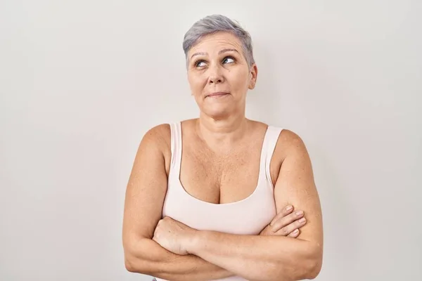 Middle Age Caucasian Woman Standing White Background Smiling Looking Side — Stock Photo, Image