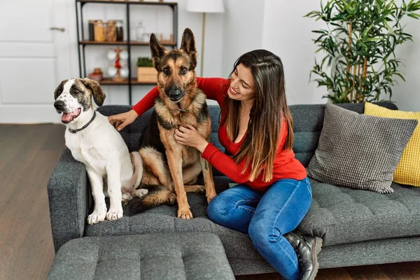 Young Woman Hugging Dogs Sitting Sofa Home — 스톡 사진
