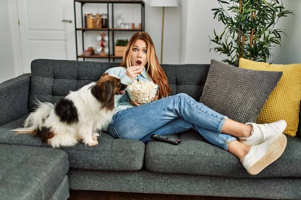 Young Caucasian Woman Surprised Watching Movie Sitting Sofa Dog Home — ストック写真