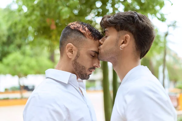 Δύο Ισπανοί Άντρες Ζευγάρι Που Φιλιούνται Στο Πάρκο — Φωτογραφία Αρχείου
