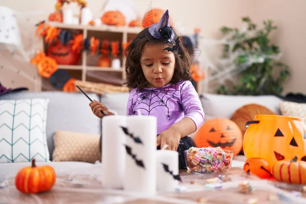 Adorable Hispanic Toddler Having Halloween Party Standing Home — Stock fotografie