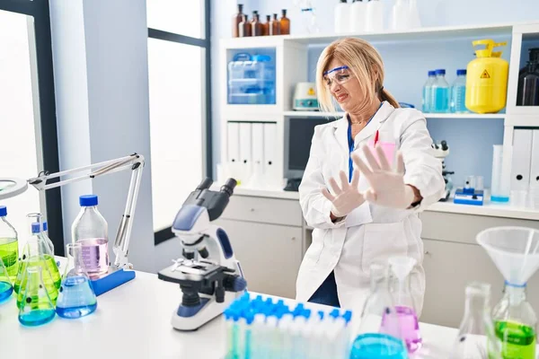 Middle Age Blonde Woman Working Scientist Laboratory Disgusted Expression Displeased — Stock Photo, Image