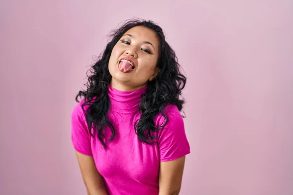 Young Asian Woman Standing Pink Background Sticking Tongue Out Happy — ストック写真