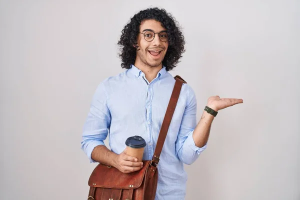 Hispanic Man Curly Hair Drinking Cup Take Away Coffee Pointing — Stock Photo, Image
