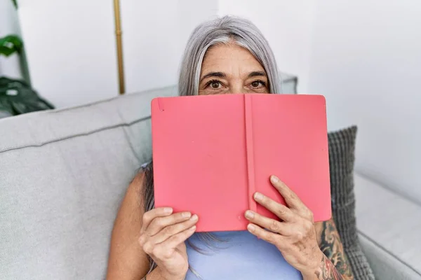 Middle Age Grey Haired Woman Covering Face Book Home — Stock Photo, Image