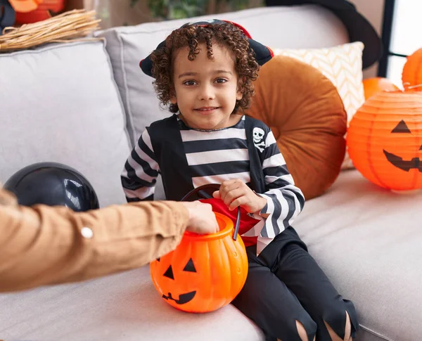 Adorable Hispanic Boy Having Halloween Party Holding Pumpkin Basket Home — Stock Photo, Image