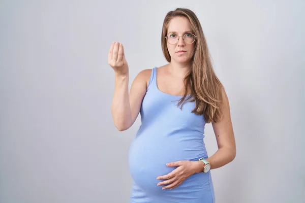 Young Pregnant Woman Standing White Background Doing Italian Gesture Hand — Stock Photo, Image