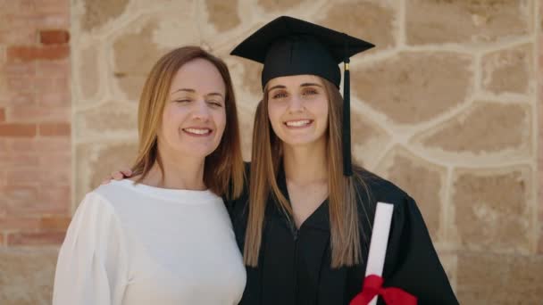 Two Women Mother Graduated Daughter Standing Together Campus University — Wideo stockowe