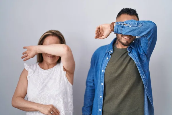 Hispanic Mother Son Standing Together Covering Eyes Arm Smiling Cheerful — Stock Fotó
