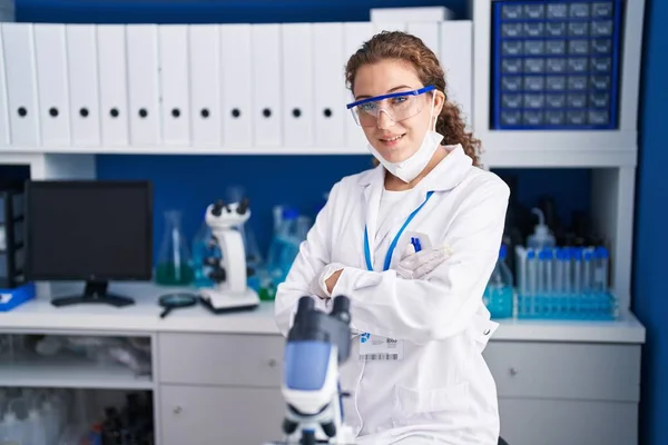 Young Caucasian Woman Working Scientist Laboratory Happy Face Smiling Crossed — Foto de Stock