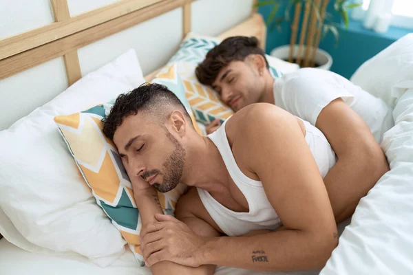 Two Hispanic Men Couple Lying Bed Sleeping Bedroom — Zdjęcie stockowe