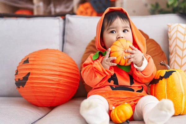 Adorable Hispanic Baby Having Halloween Party Sucking Pumpkin Home — Stock fotografie