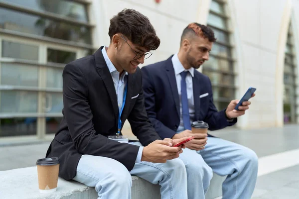Two Hispanic Men Business Workers Using Smartphones Drinking Coffee Street — 图库照片