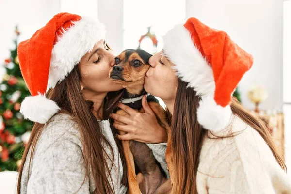 Twee Vrouwen Zoenen Knuffelen Hond Stand Kerstboom Thuis — Stockfoto