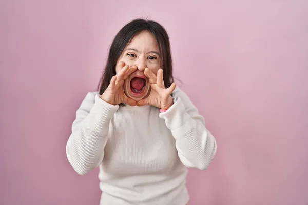 Woman Syndrome Standing Pink Background Shouting Angry Out Loud Hands — 스톡 사진
