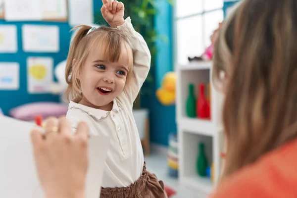 Adorable Blonde Girl Smiling Confident Having Lesson Kindergarten — Stock Photo, Image