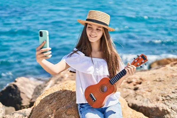 Adorable Girl Tourist Make Selfie Smartphone Playing Ukulele Seaside — Stock Photo, Image