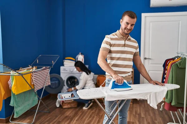 Man Woman Couple Ironing Clothes Doing Laundry Laundry Room — Photo