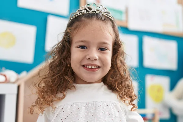 Adorable Blonde Toddler Smiling Confident Wearing Princess Crown Kindergarten — Stock Photo, Image