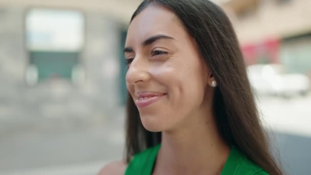 Young Beautiful Hispanic Woman Smiling Confident Looking Side Street — Wideo stockowe