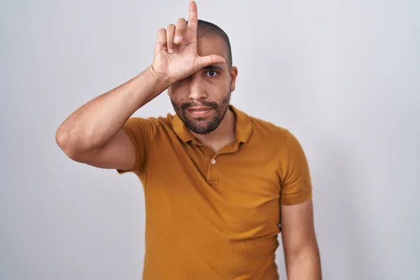 Hispanic Man Beard Standing White Background Making Fun People Fingers — Stockfoto
