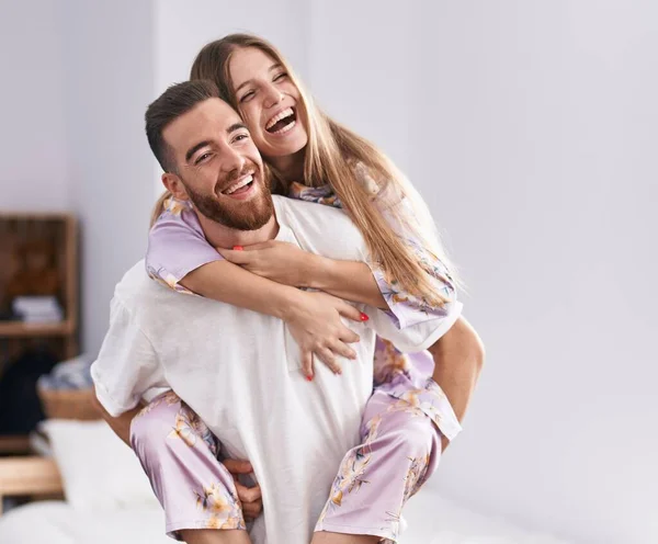 Man Woman Couple Holding Girlfriend Back Bedroom — Stok fotoğraf
