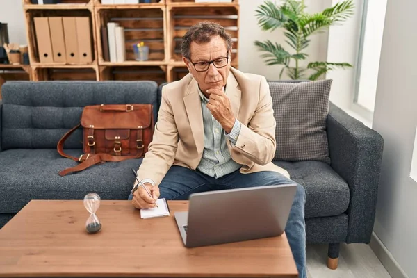 Middle Age Man Having Psychology Session Using Laptop Writing Notebook — Fotografia de Stock