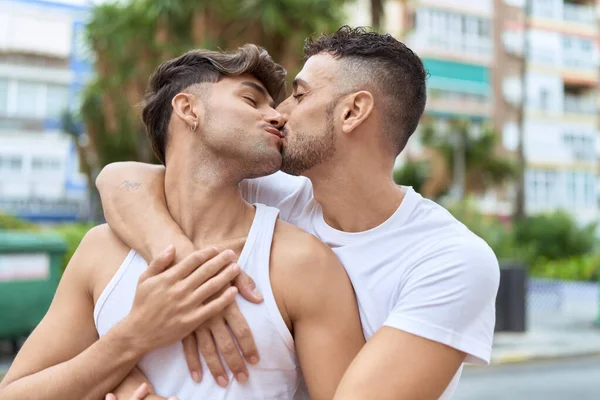 Two Hispanic Men Couple Hugging Each Other Kissing Street — Photo