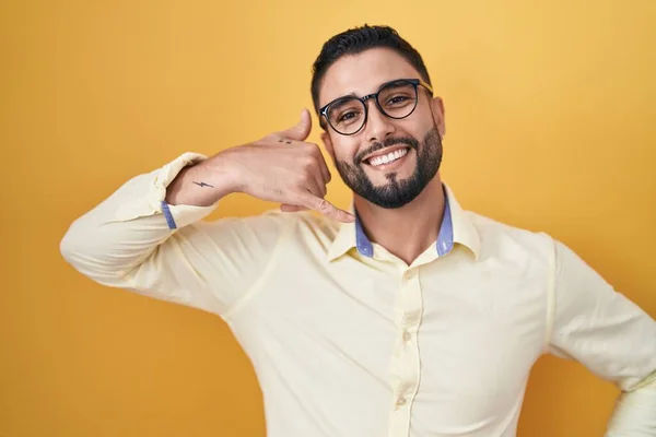 Hispanic Young Man Wearing Business Clothes Glasses Smiling Doing Phone — Stockfoto