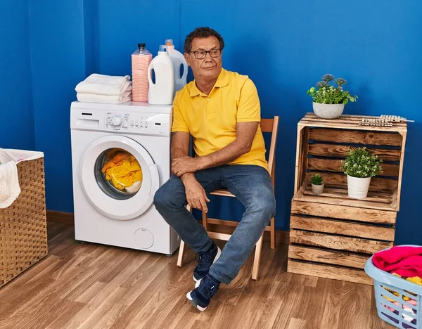 Middle Age Man Sitting Chair Waiting Washing Machine Laundry Room —  Fotos de Stock