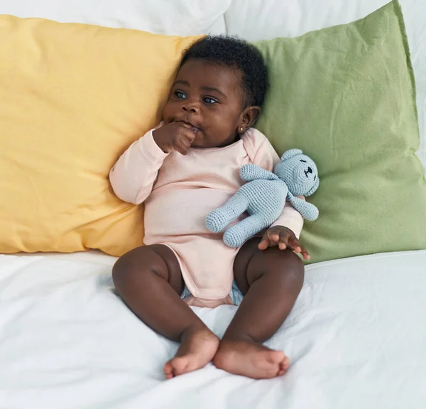 African American Baby Sitting Bed Sucking Hand Bedroom — Zdjęcie stockowe