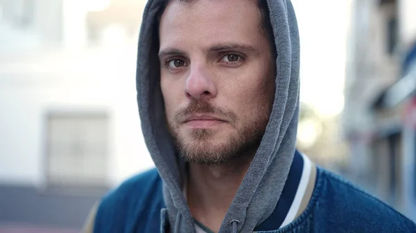 Young Caucasian Man Standing Wearing Hoodie Serious Expression Street — Photo