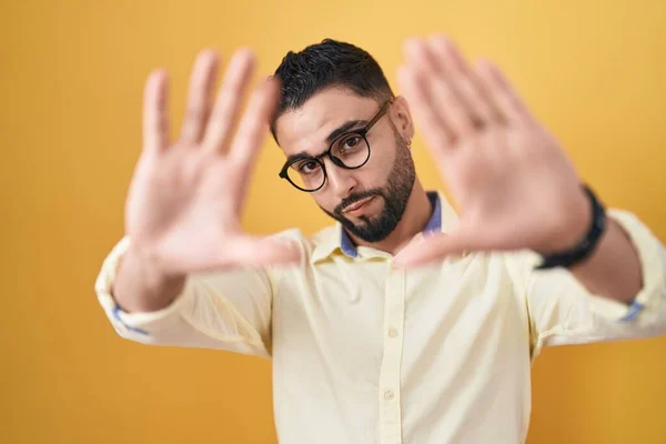 Hispanic Young Man Wearing Business Clothes Glasses Doing Frame Using — Stok Foto