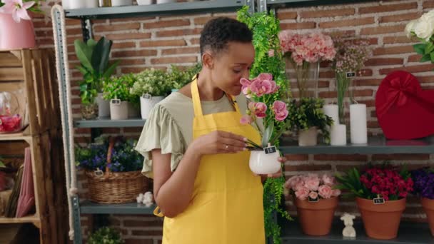 Afroamerikanerin Floristin Riecht Pflanze Blumenladen — Stockvideo
