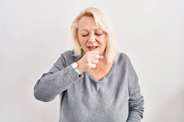 Middle Age Caucasian Woman Standing White Background Feeling Unwell Coughing —  Fotos de Stock