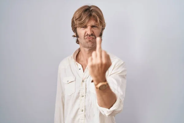Middle Age Man Standing Isolated Background Showing Middle Finger Impolite — стоковое фото