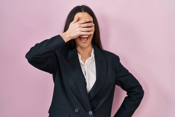 Young Brunette Woman Wearing Business Style Pink Background Smiling Laughing — ストック写真